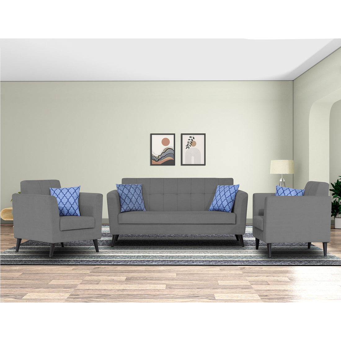 Adorn India Dannis 3+1+1 5 Seater Sofa Set (Grey) (3 Year Warranty)