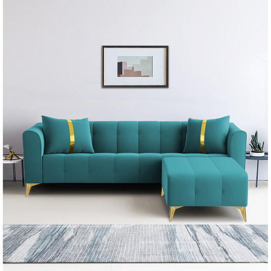 Adorn India Premium Mystic - 3 Years Warranty - L Shape 4 Seater Sofa Set Velvet Suede Fabric - Aqua Blue