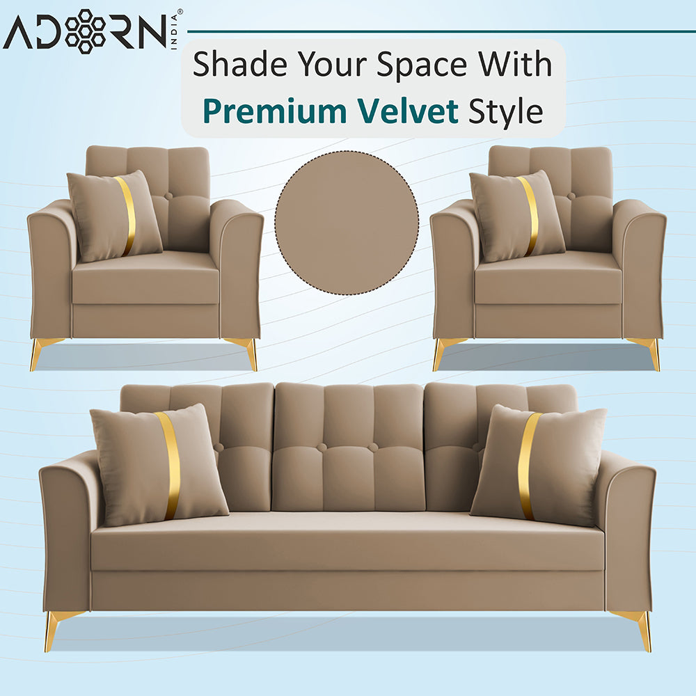 Adorn India Premium Maddox Tufted - 3 Years Warranty - 3+1+1 Sofa Set Velvet Suede Fabric - Beige