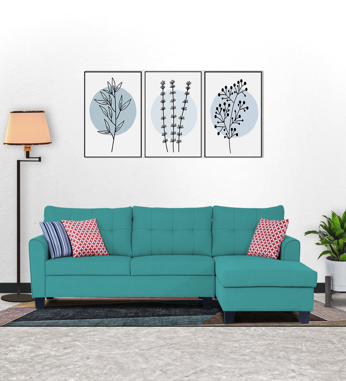 Adorn India Moris L Shape 6 Seater Sofa Set RHS (Aqua Blue)