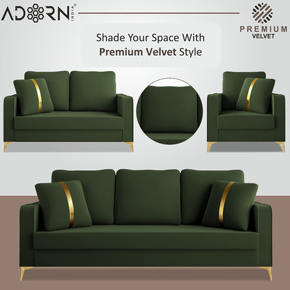 Adorn India Premium Chandler - 3 Years Warranty - 3+2+1 Sofa Set Velvet Suede Fabric - Green