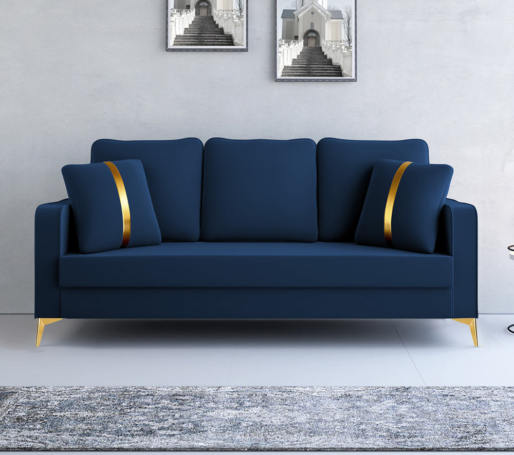 Adorn India Premium Chandler - 3 Years Warranty - 3 Seater Sofa Velvet Suede Fabric - Blue