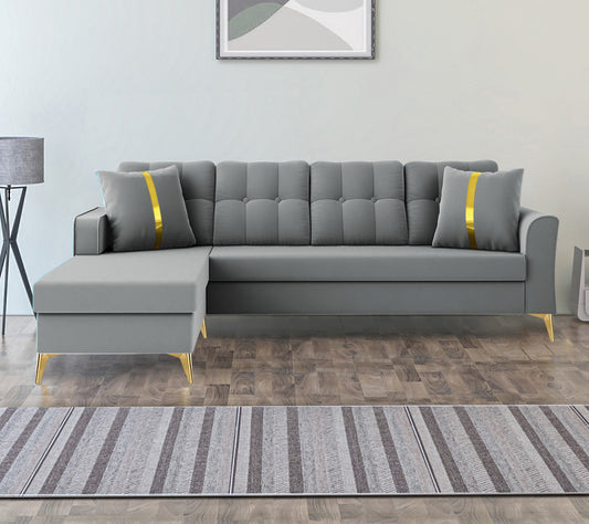 Adorn India Premium Maddox Tufted- 3 Years Warranty - L Shape 5 Seater Sofa Set -LHS-Velvet Suede Fabric - Grey