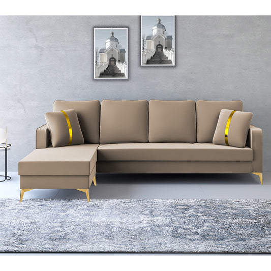 Adorn India Premium Chandler - 3 Years Warranty - L Shape 5 Seater Sofa Set -LHS- Velvet Suede Fabric - Beige