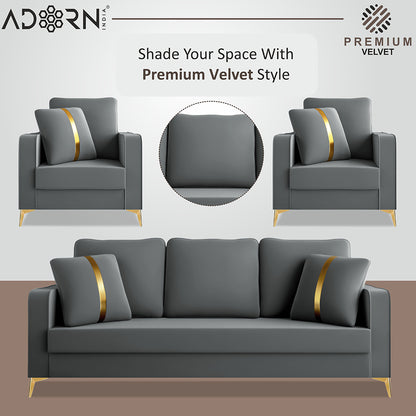 Adorn India Premium Chandler - 3 Years Warranty - 3+1+1 Sofa Set Velvet Suede Fabric - Grey