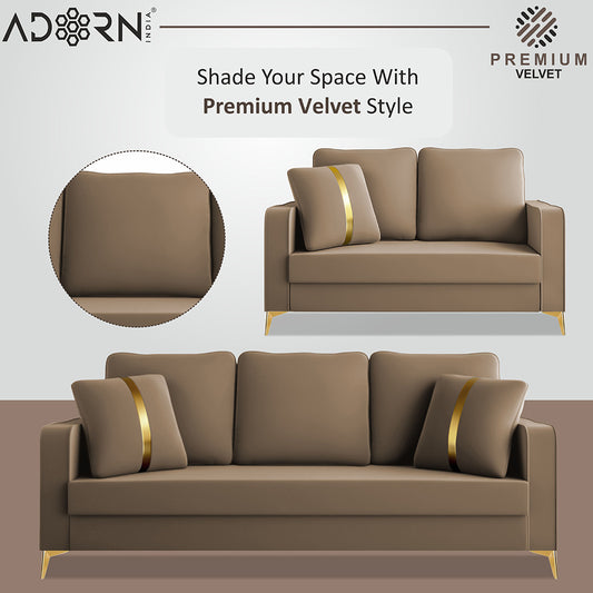 Adorn India Premium Chandler - 3 Years Warranty - 3+2 Sofa Set Velvet Suede Fabric - Beige