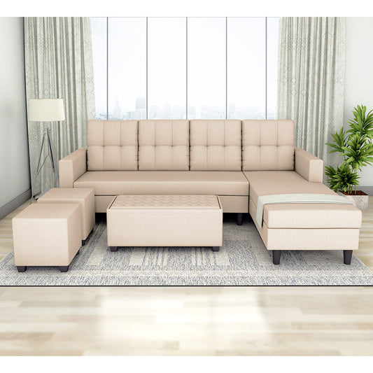 Adorn India Darcy L Shape 8 Seater Sofa Set with Center Table and 2 Ottoman Puffy (RHS) (Beige)