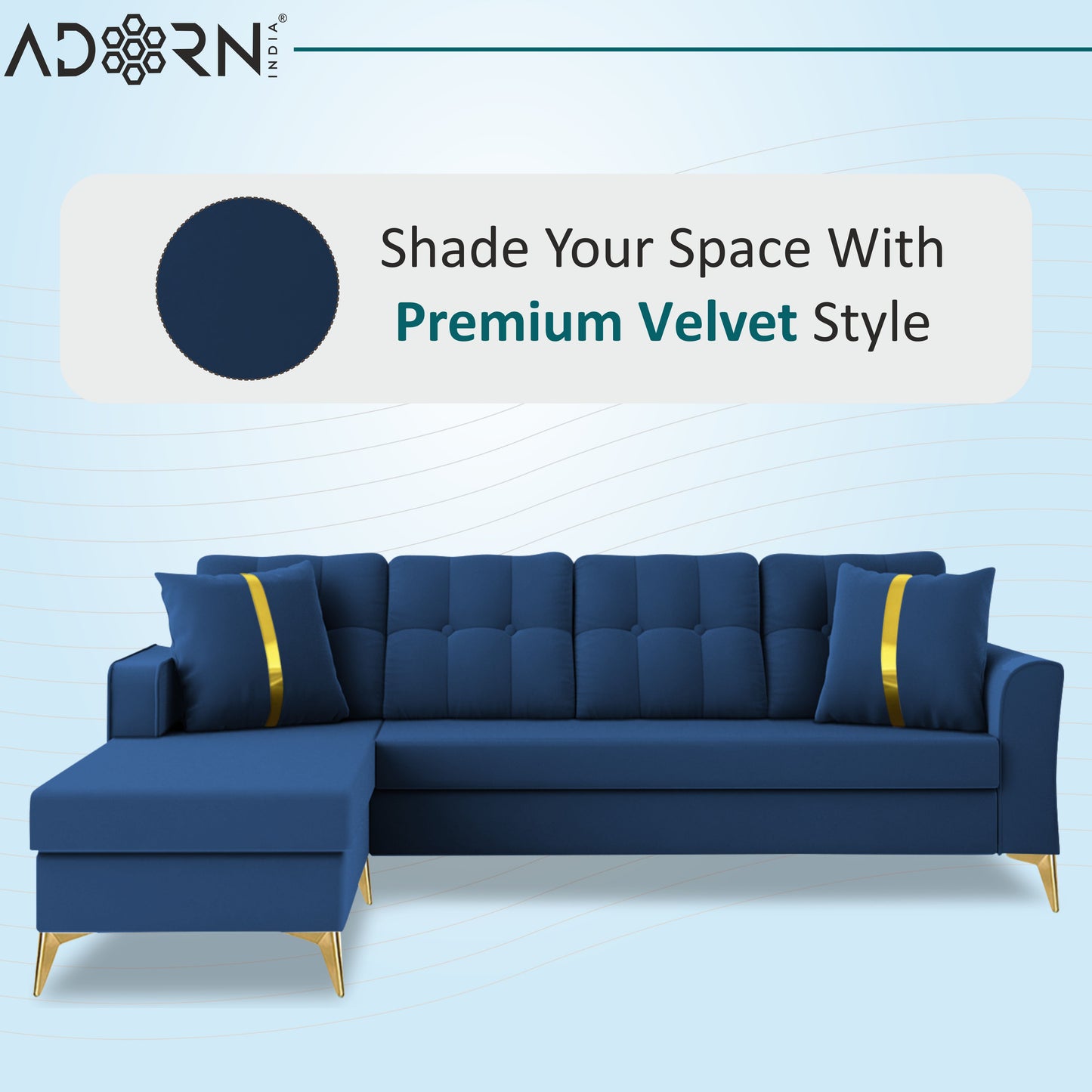 Adorn India Premium Maddox Tufted- 3 Years Warranty - L Shape 5 Seater Sofa Set -LHS-Velvet Suede Fabric -Blue