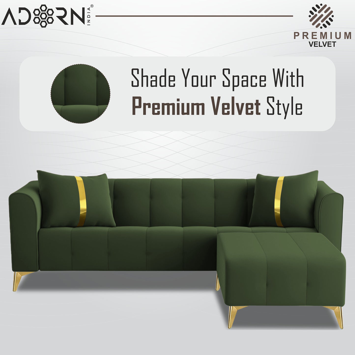 Adorn India Premium Mystic - 3 Years Warranty - L Shape 4 Seater Sofa Set Velvet Suede Fabric - Green