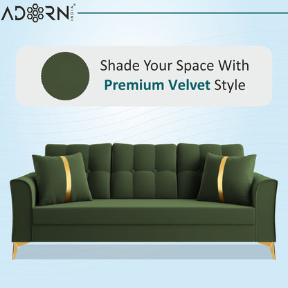 Adorn India Premium Maddox Tufted - 3 Years Warranty - 3 Seater Sofa Velvet Suede Fabric - Green