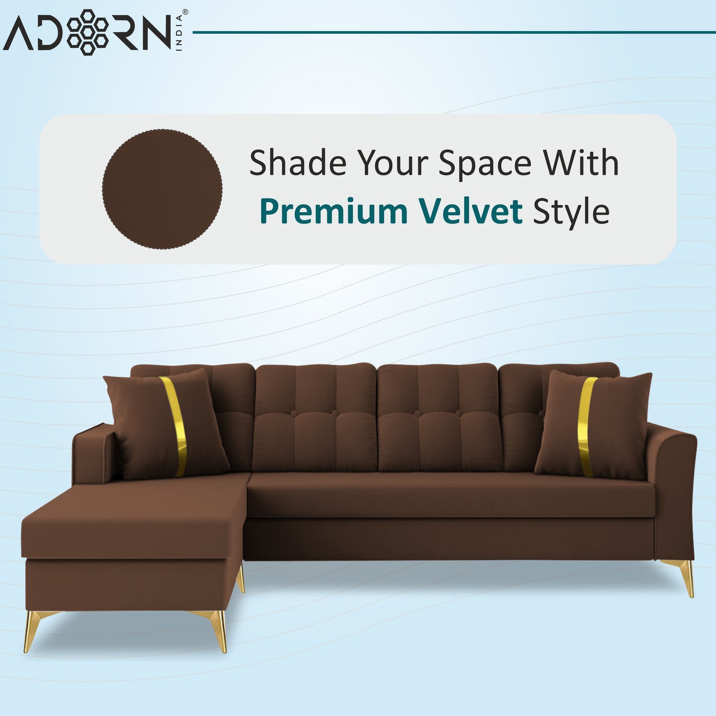 Adorn India Premium Maddox Tufted- 3 Years Warranty - L Shape 5 Seater Sofa Set -LHS-Velvet Suede Fabric - Brown