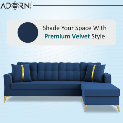 Adorn India Premium Maddox Tufted- 3 Years Warranty - L Shape 5 Seater Sofa Set -RHS-Velvet Suede Fabric -Blue