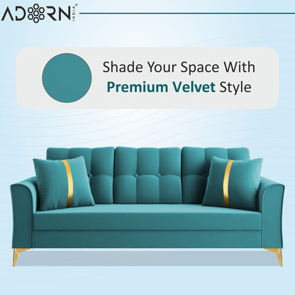 Adorn India Premium Maddox Tufted - 3 Years Warranty - 3 Seater Sofa Velvet Suede Fabric - Aqua Blue