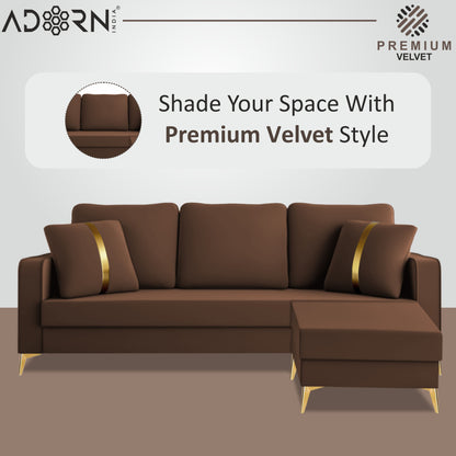 Adorn India Premium Chandler - 3 Years Warranty - L Shape 4 Seater Sofa Set Velvet Suede Fabric - Brown