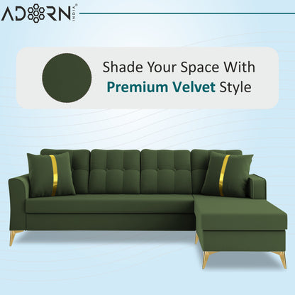 Adorn India Premium Maddox Tufted- 3 Years Warranty - L Shape 5 Seater Sofa Set -RHS-Velvet Suede Fabric - Green