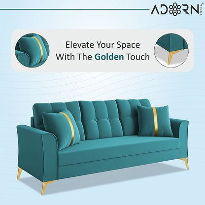 Adorn India Premium Maddox Tufted - 3 Years Warranty - 3+1+1 Sofa Set Velvet Suede Fabric - Aqua Blue