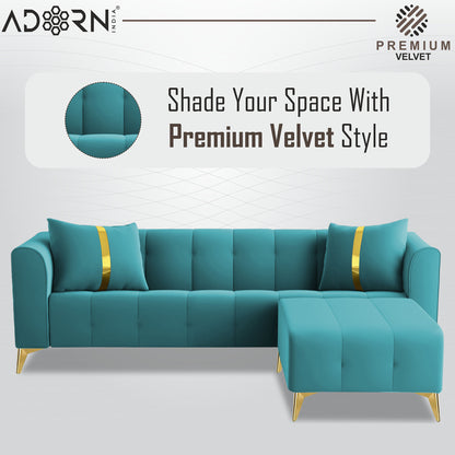 Adorn India Premium Mystic - 3 Years Warranty - L Shape 4 Seater Sofa Set Velvet Suede Fabric - Aqua Blue