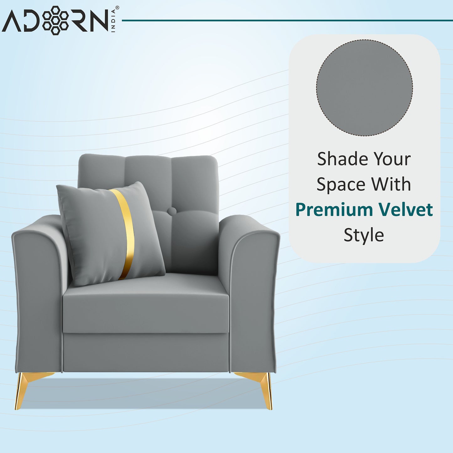 Adorn India Premium Maddox Tufted - 3 Years Warranty - 1 Seater Sofa Velvet Suede Fabric - Grey