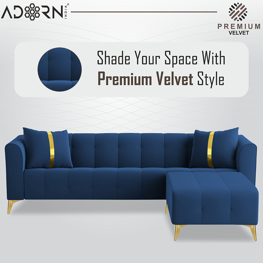 Adorn India Premium Mystic - 3 Years Warranty - L Shape 5 Seater Sofa Set Velvet Suede Fabric - Blue