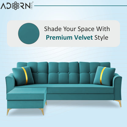 Adorn India Premium Maddox Tufted - 3 Years Warranty - L Shape 4 Seater Sofa Set Velvet Suede Fabric - Aqua Blue