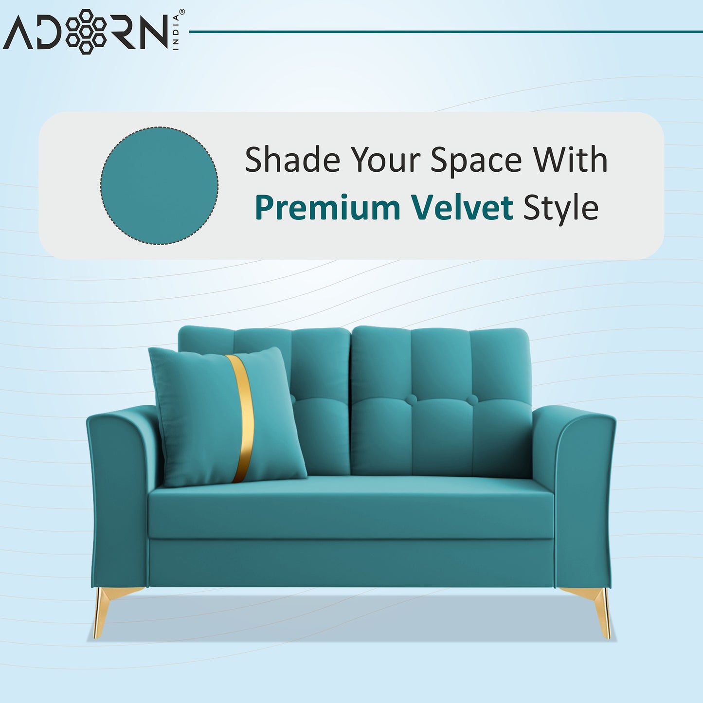 Adorn India Premium Maddox Tufted - 3 Years Warranty - 2 Seater Sofa Velvet Suede Fabric - Aqua Blue