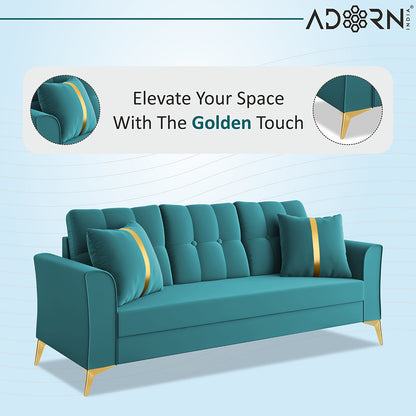 Adorn India Premium Maddox Tufted - 3 Years Warranty - 3+2+1 Sofa Set Velvet Suede Fabric - Aqua Blue