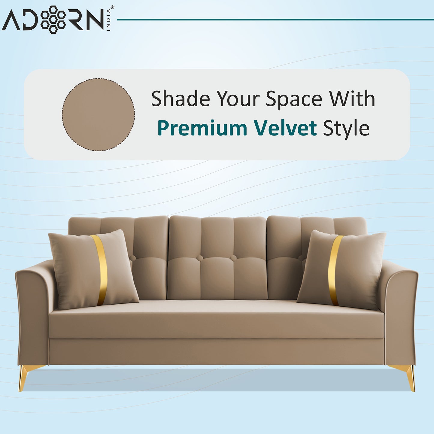 Adorn India Premium Maddox Tufted - 3 Years Warranty - 3 Seater Sofa Velvet Suede Fabric - Beige