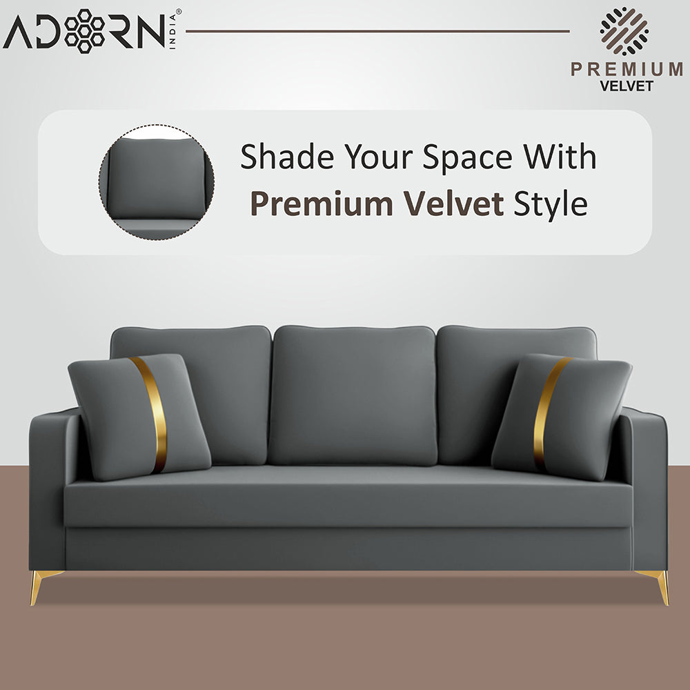 Adorn India Premium Chandler - 3 Years Warranty - 3 Seater Sofa Velvet Suede Fabric - Grey