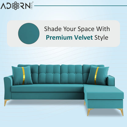 Adorn India Premium Maddox Tufted- 3 Years Warranty - L Shape 5 Seater Sofa Set -RHS-Velvet Suede Fabric - Aqua Blue