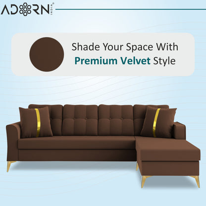 Adorn India Premium Maddox Tufted- 3 Years Warranty - L Shape 5 Seater Sofa Set -RHS-Velvet Suede Fabric - Brown