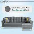 Adorn India Premium Maddox Tufted - 3 Years Warranty - L Shape 4 Seater Sofa Set Velvet Suede Fabric - Grey