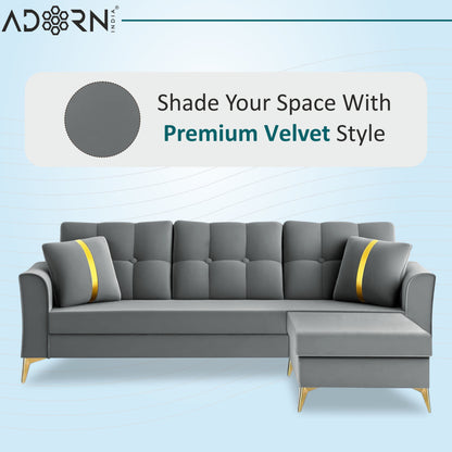 Adorn India Premium Maddox Tufted - 3 Years Warranty - L Shape 4 Seater Sofa Set Velvet Suede Fabric - Grey