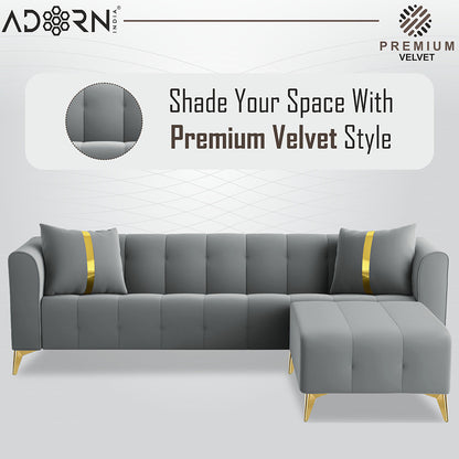 Adorn India Premium Mystic - 3 Years Warranty - L Shape 5 Seater Sofa Set Velvet Suede Fabric - Grey