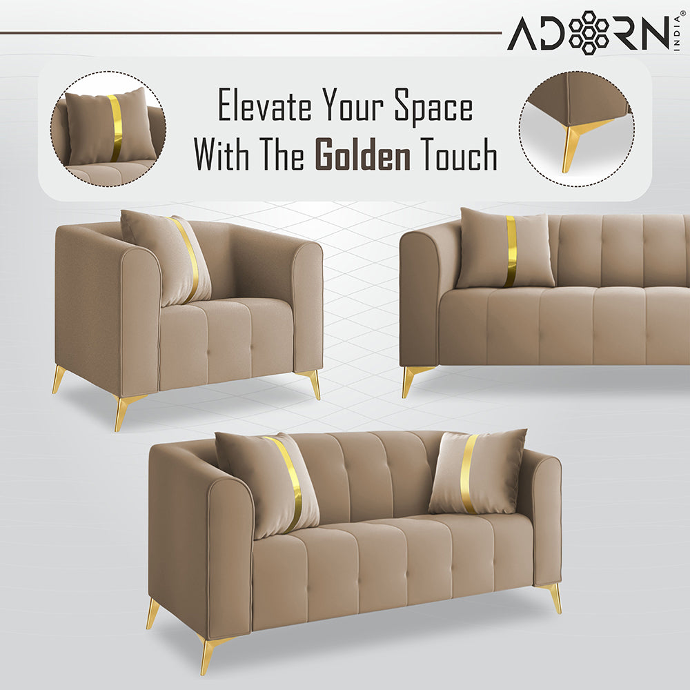 Adorn India Premium Mystic - 3 Years Warranty - 3+2+1 Sofa Set Velvet Suede Fabric - Beige