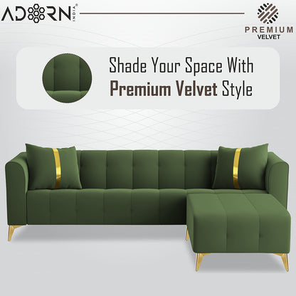 Adorn India Premium Mystic - 3 Years Warranty - L Shape 5 Seater Sofa Set Velvet Suede Fabric - Green