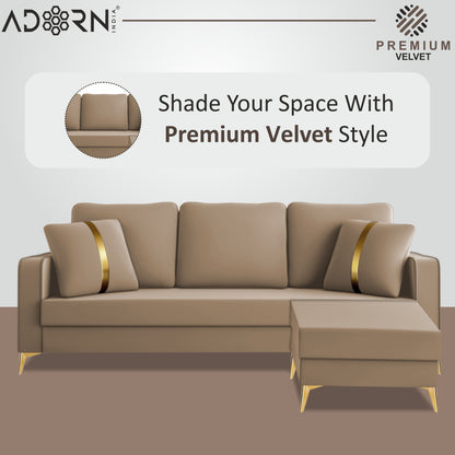 Adorn India Premium Chandler - 3 Years Warranty - L Shape 4 Seater Sofa Set Velvet Suede Fabric - Beige