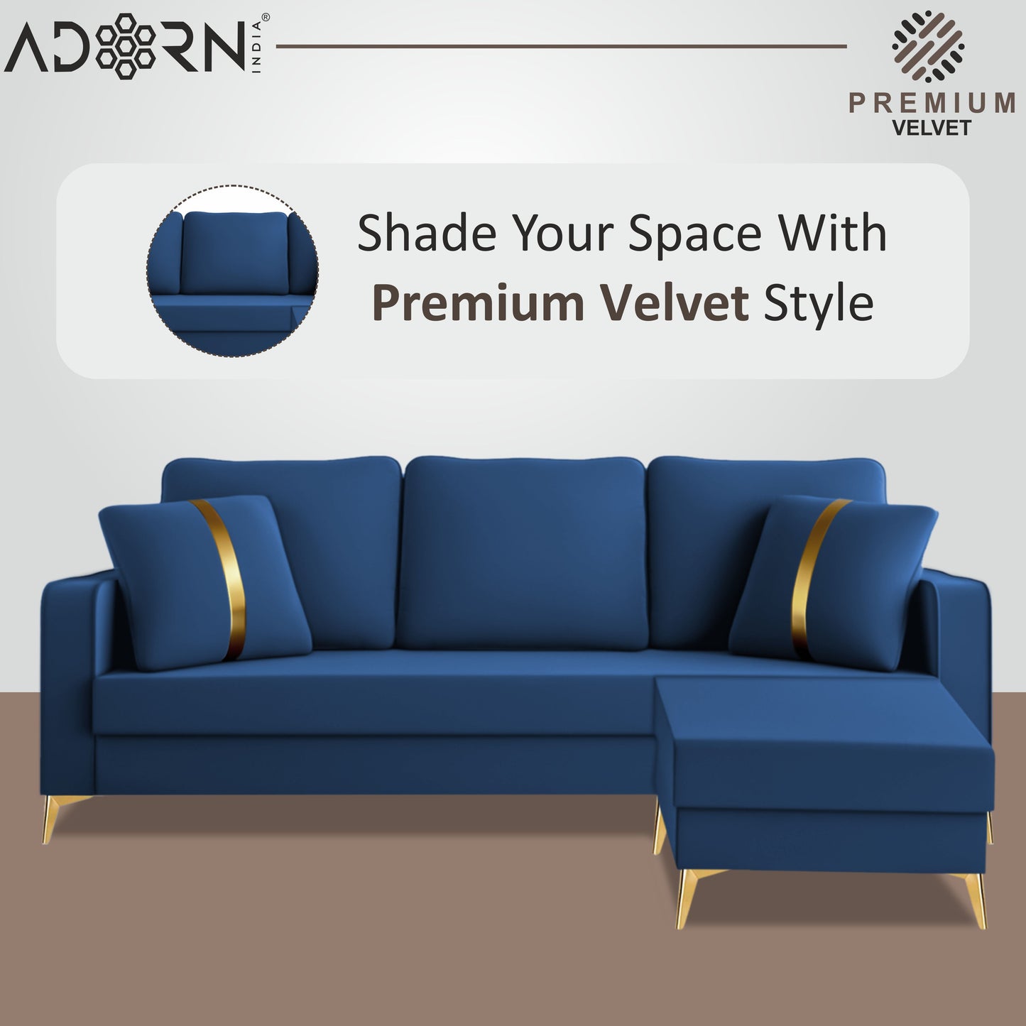 Adorn India Premium Chandler - 3 Years Warranty - L Shape 4 Seater Sofa Set Velvet Suede Fabric - Blue