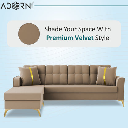 Adorn India Premium Maddox Tufted- 3 Years Warranty - L Shape 5 Seater Sofa Set -LHS-Velvet Suede Fabric - Beige