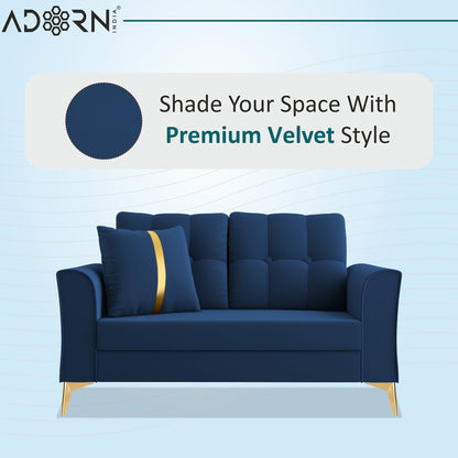 Adorn India Premium Maddox Tufted - 3 Years Warranty - 2 Seater Sofa Velvet Suede Fabric - Blue