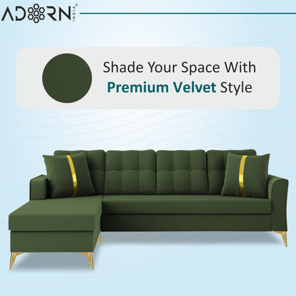 Adorn India Premium Maddox Tufted- 3 Years Warranty - L Shape 5 Seater Sofa Set -LHS-Velvet Suede Fabric - Green