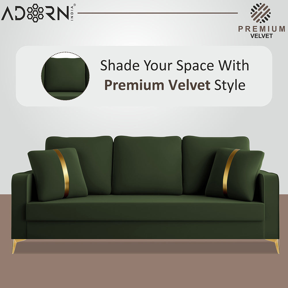 Adorn India Premium Chandler - 3 Years Warranty - 3 Seater Sofa Velvet Suede Fabric - Green