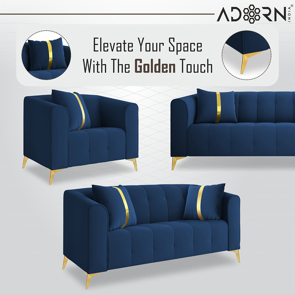 Adorn India Premium Mystic - 3 Years Warranty - 3+2+1 Sofa Set Velvet Suede Fabric - Blue