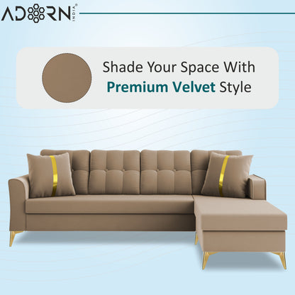 Adorn India Premium Maddox Tufted- 3 Years Warranty - L Shape 5 Seater Sofa Set -RHS-Velvet Suede Fabric - Beige