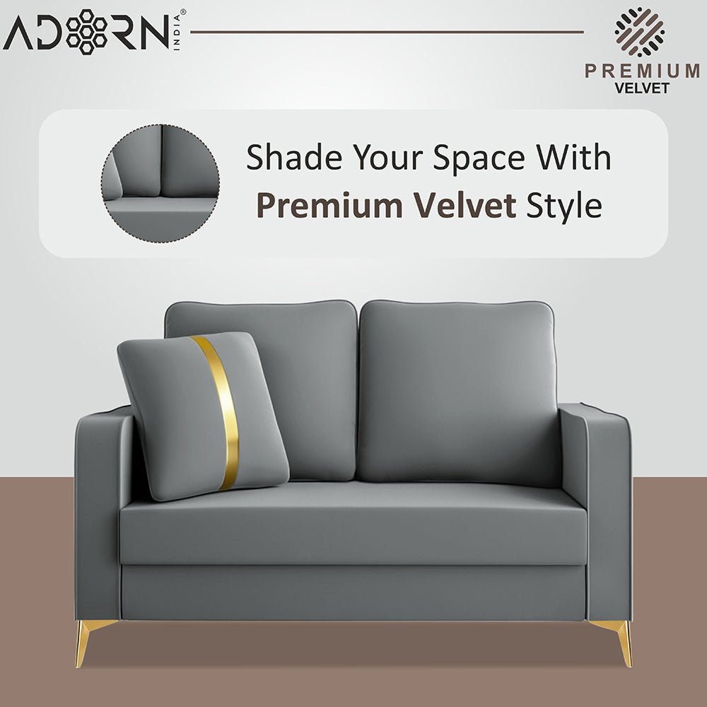 Adorn India Premium Chandler - 3 Years Warranty - 2 Seater Sofa Velvet Suede Fabric - Grey