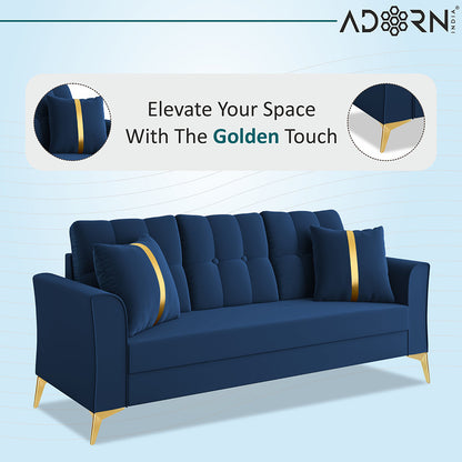 Adorn India Premium Maddox Tufted - 3 Years Warranty - 3+2+1 Sofa Set Velvet Suede Fabric - Blue