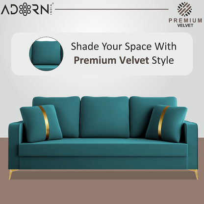 Adorn India Premium Chandler - 3 Years Warranty - 3 Seater Sofa Velvet Suede Fabric - Aqua Blue