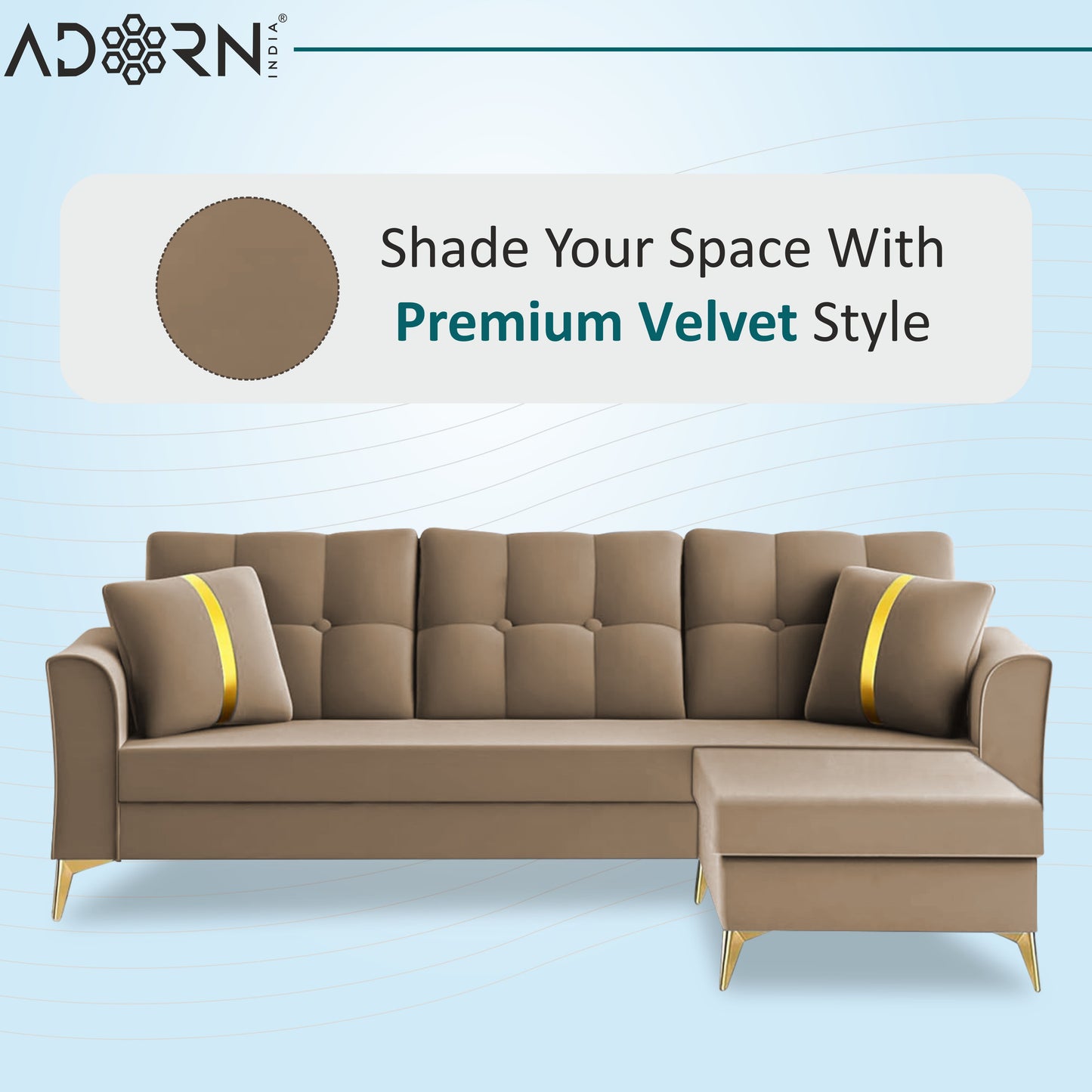 Adorn India Premium Maddox Tufted - 3 Years Warranty - L Shape 4 Seater Sofa Set Velvet Suede Fabric - Beige