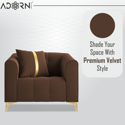 Adorn India Premium Mystic - 3 Years Warranty - 1 Seater Sofa Velvet Suede Fabric - Brown