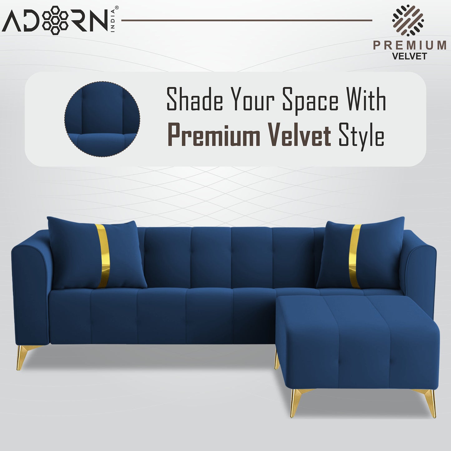 Adorn India Premium Mystic - 3 Years Warranty - L Shape 4 Seater Sofa Set Velvet Suede Fabric - Blue