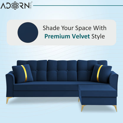 Adorn India Premium Maddox Tufted - 3 Years Warranty - L Shape 4 Seater Sofa Set Velvet Suede Fabric -Blue